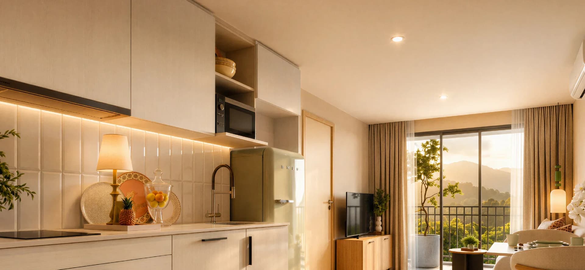 1 Bedroom: la cocina integrada y la zona de estar junto a la puerta del balcón