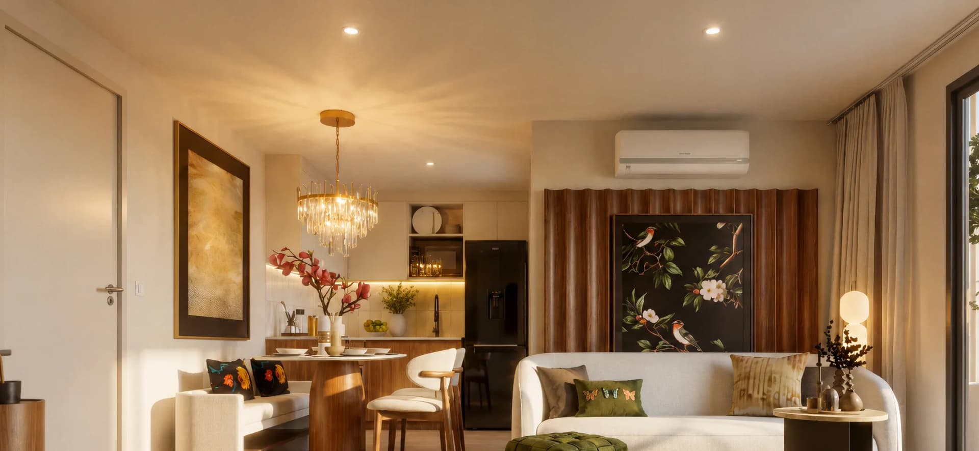 Living and dining room of a 1 Bedroom Plus with the balcony window